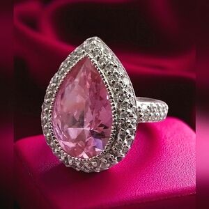 Glamorous Sterling Silver Teardrop Pink Stone & CZ Halo Ring – Size 6